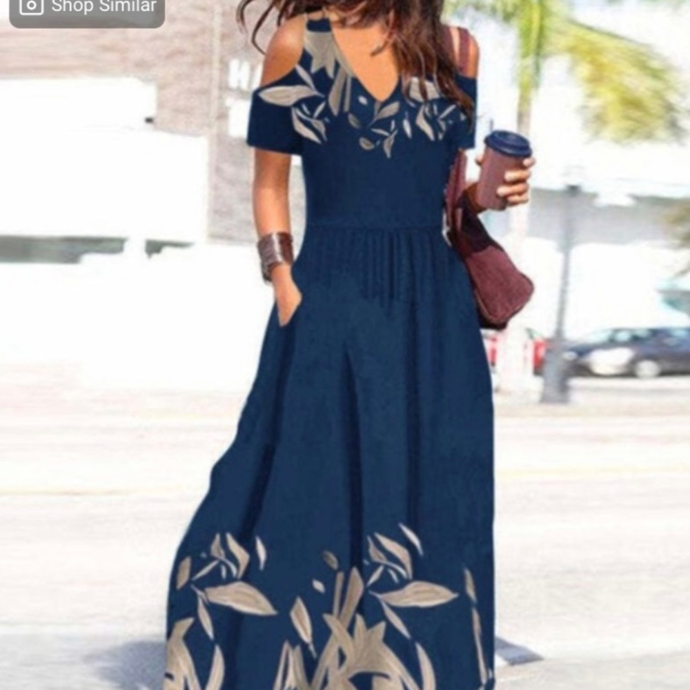 Blue printed cold shoulder maxi dress